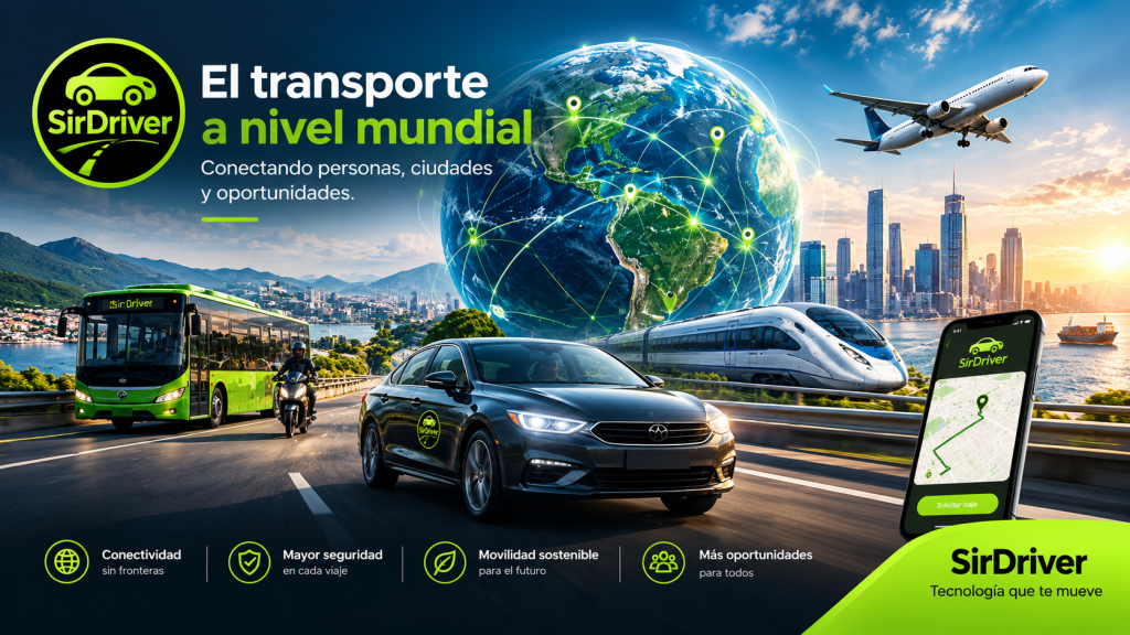 Transporte mundial y movilidad digital con SirDriver, conectando personas, ciudades y oportunidades.